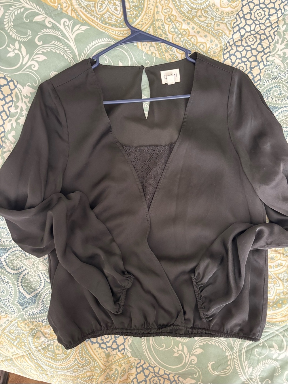 CAMI Black V-Neck Lace-Trim Long Sleeve Silk Blouse
